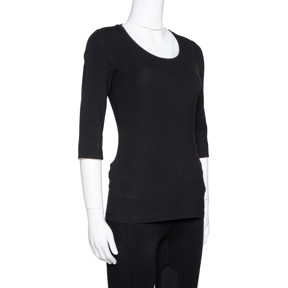 

Burberry Black Stretch Cotton Three Quarter Sleeve Round Neck Top