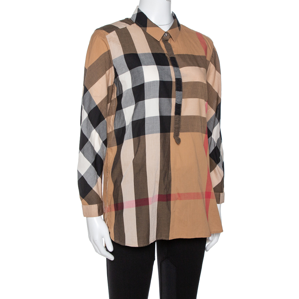 

Burberry Brit Camel Exploded Check Cotton Half Placket Shirt, Beige