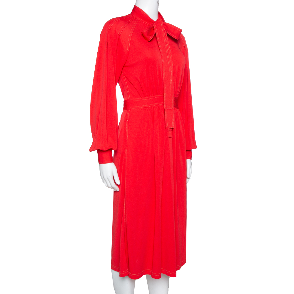 

Burberry Red Jersey Top Stitch Detail Tie Neck Dress