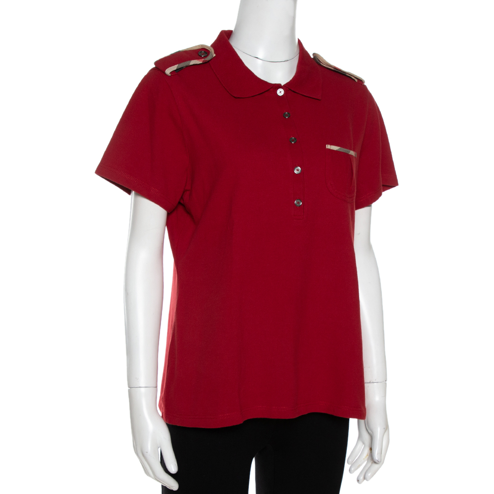 

Burberry Brick Red Cotton Pique Shoulder Flap Detail Polo T Shirt