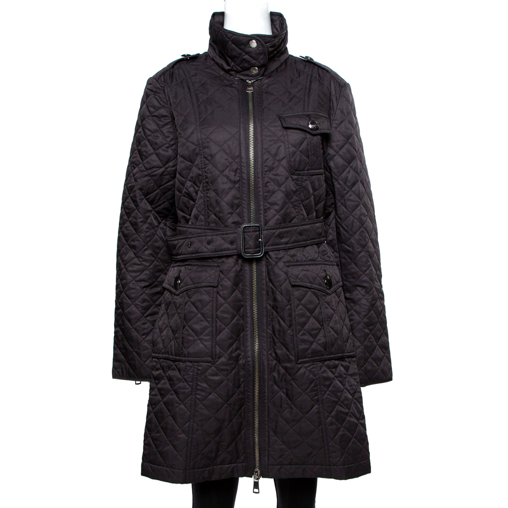 Pre Owned Burberry Black Diamond Quilted Zip Front Belted Long Jacket XL