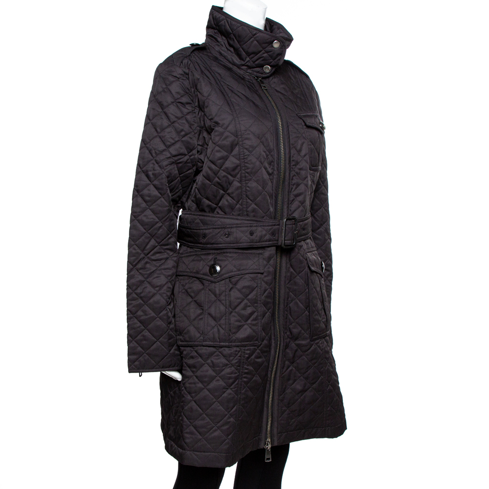 

Burberry Black Diamond Quilted Zip Front Belted Long Jacket