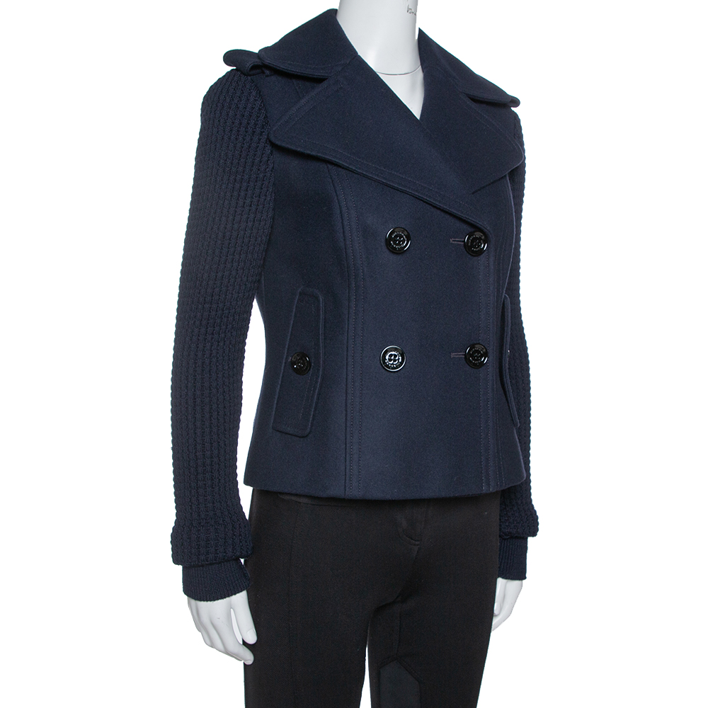 

Burberry Navy Blue Wool Blend Knitted Sleeve Pea Coat