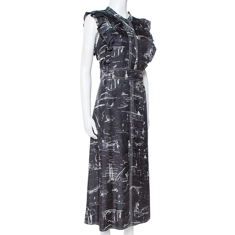 

Burberry Black Landmark Print Silk Ruffle Detail Parker Dress
