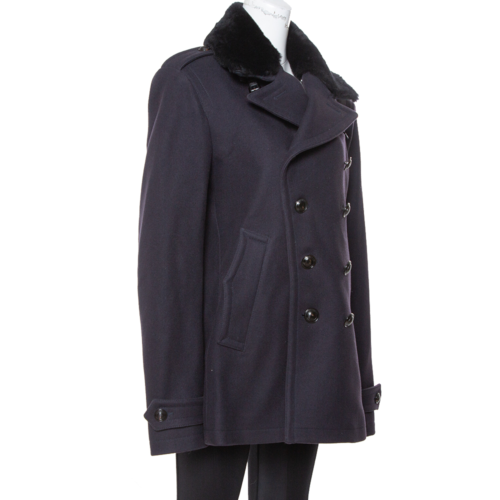 

Burberry Navy Blue Wool Shearling Collar Double Breasted Coat