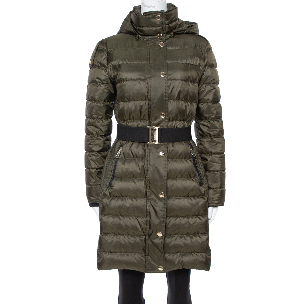 Burberry Olive Green Down Puffer Belted Abbeydale Coat M