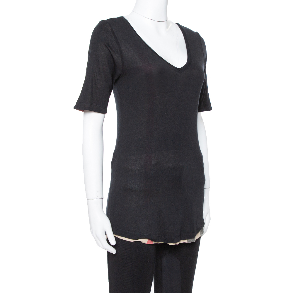 

Burberry Black Stretch Knit Novacheck Trim T-Shirt