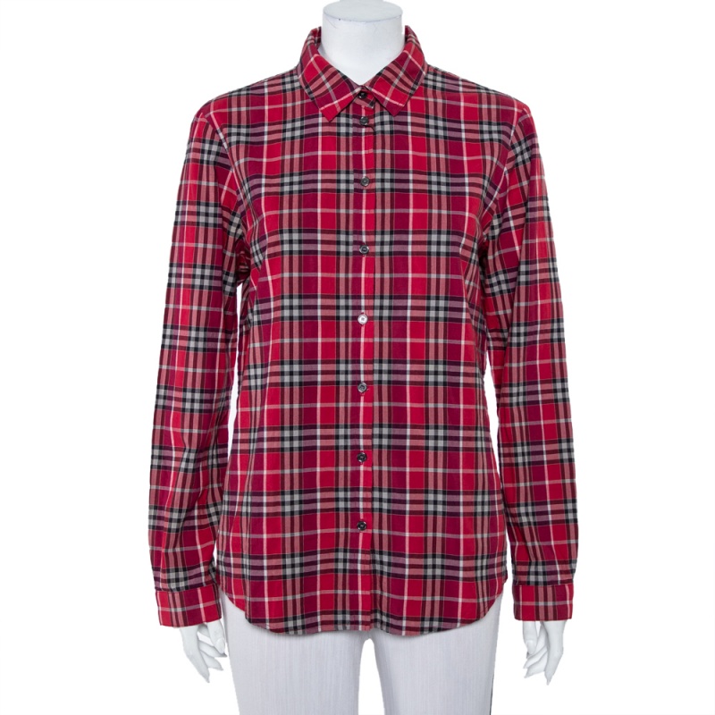 Burberry Brit Red Novacheck Cotton Long Sleeve Button Front Shirt L