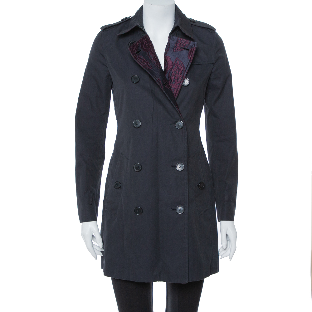 

Burberry Midnight Blue Gabardine & Jacquard Lapel Detail Trench Coat, Navy blue