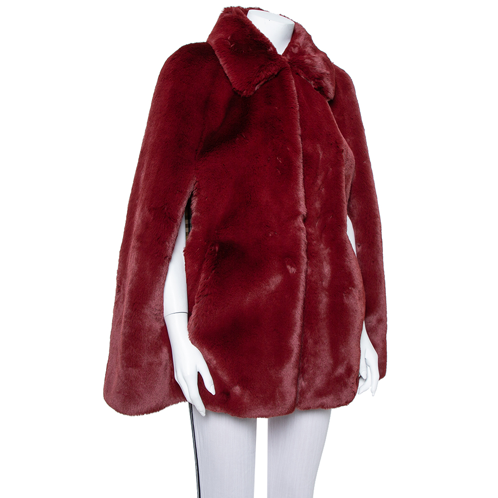 

Burberry Burgundy Faux Fur Collared Cape Jacket