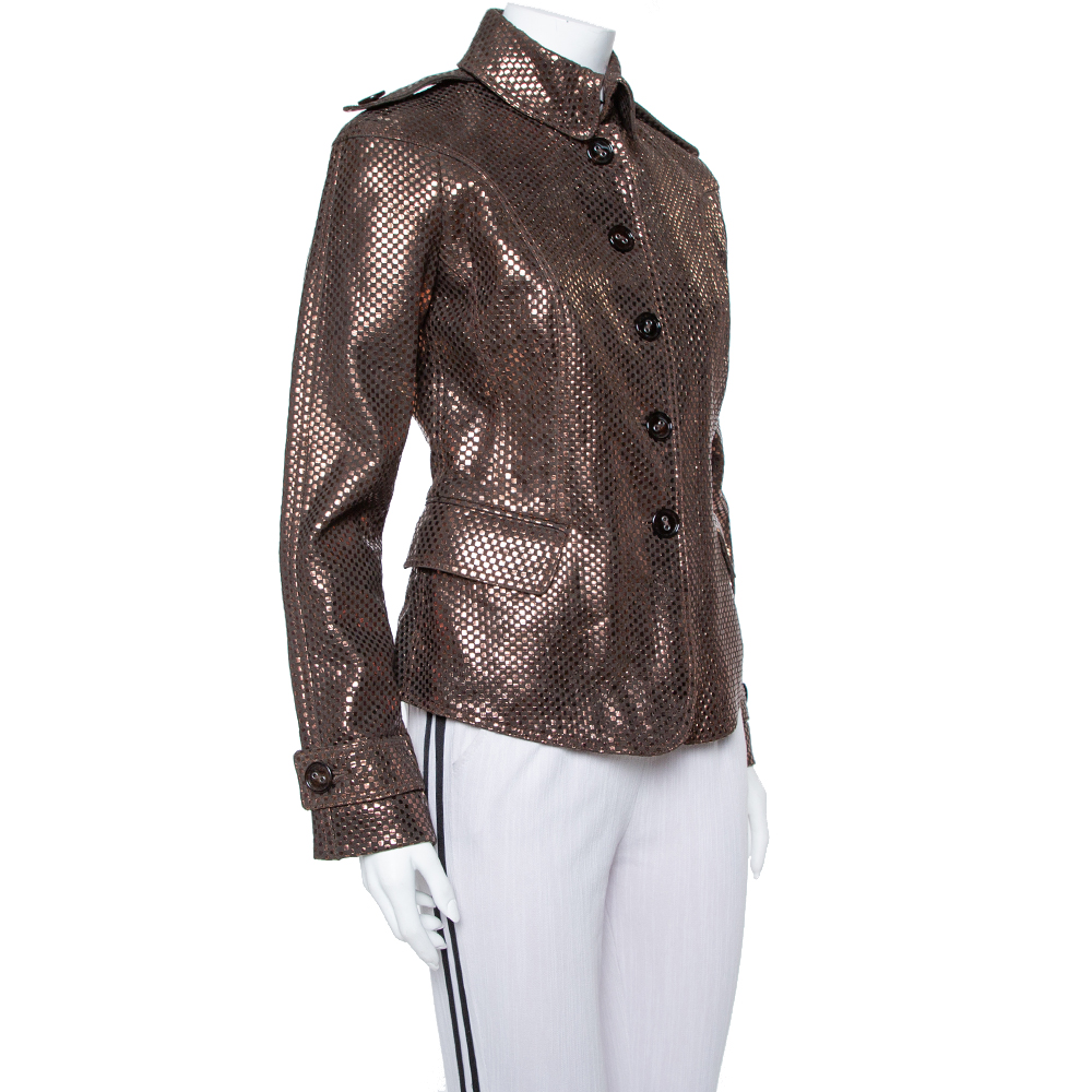 

Burberry Brown Metal Embossed Leather Button Front Jacket
