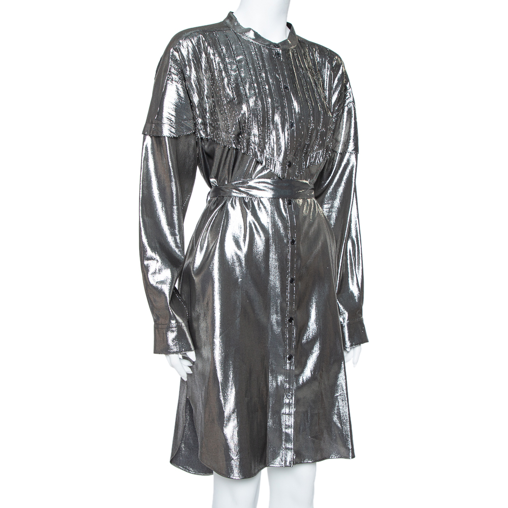 

Burberry Metallic Silver Silk Lamé Belted Shirt Dress