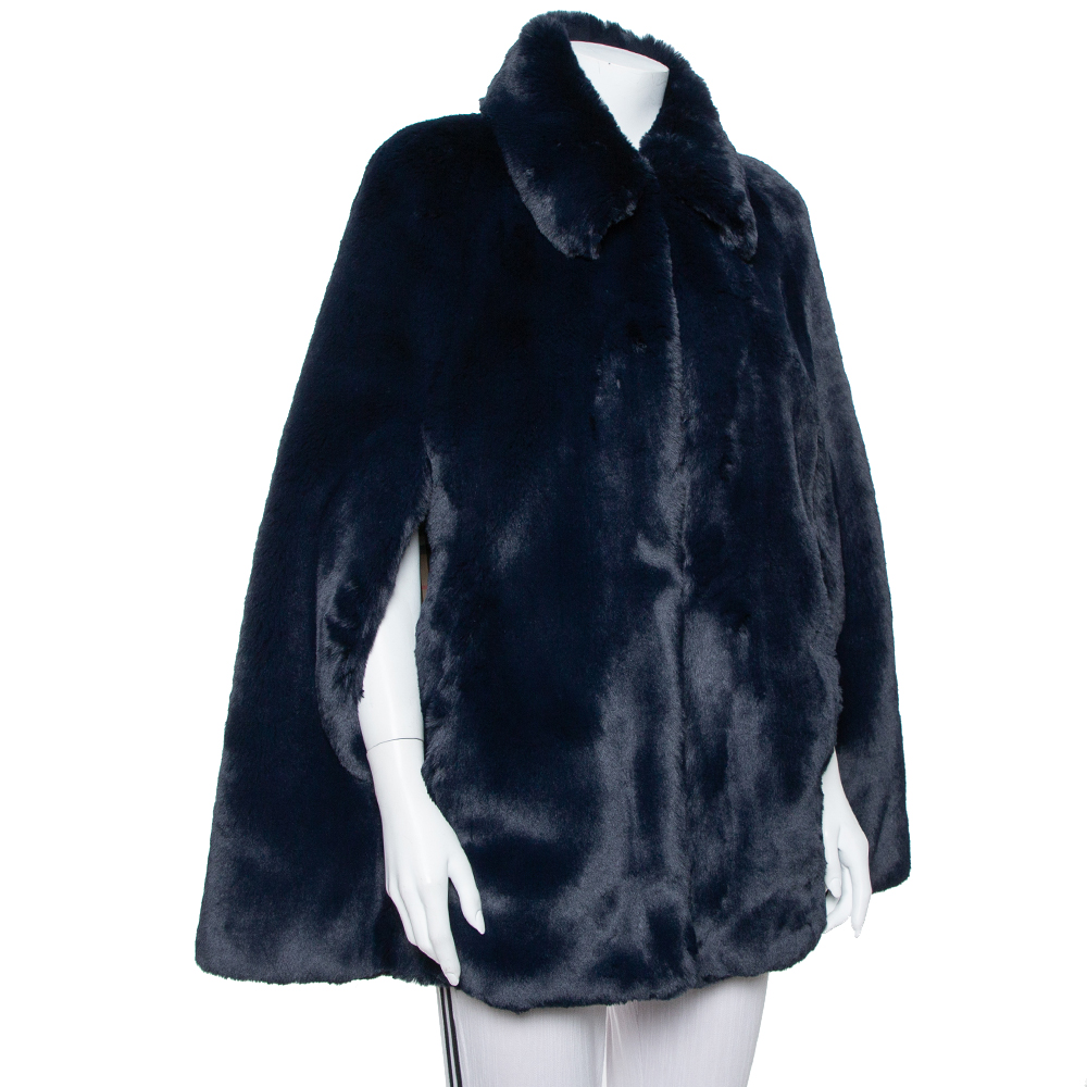 

Burberry Navy Blue Faux Fur Collared Cape Jacket