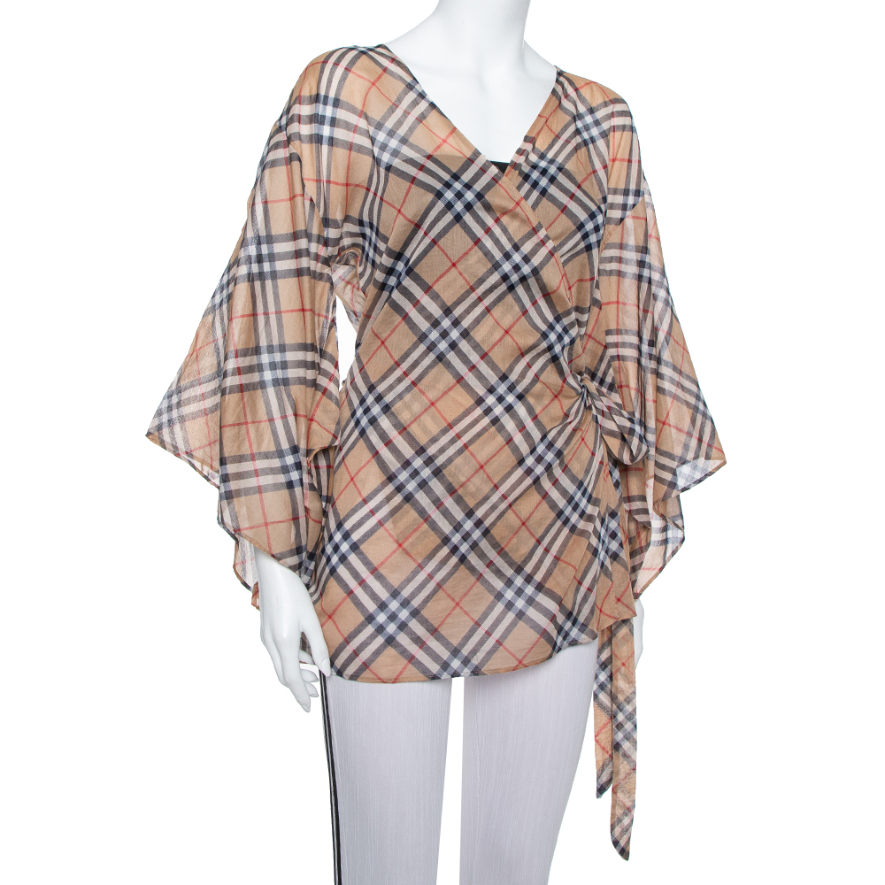 

Burberry Beige Novacheck Cotton Kimono Sleeve Sheer Wrap Top