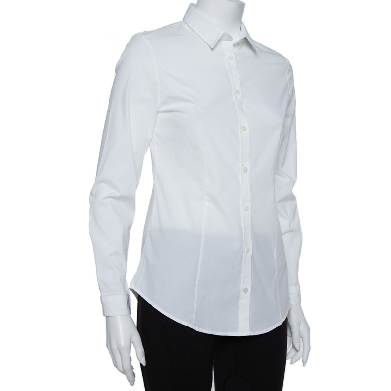 

Burberry White Stretch Cotton Long Sleeve Button Front Shirt