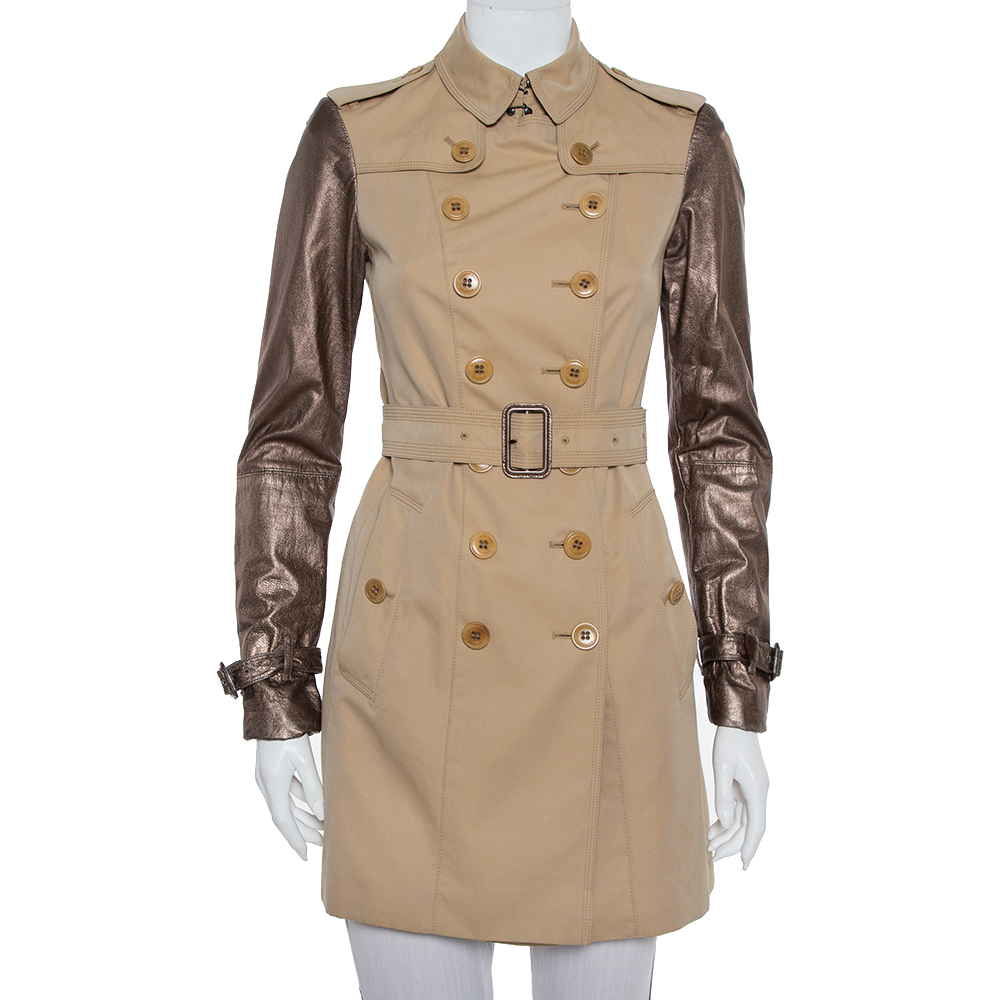 Pre-owned Burberry Beige Cotton Metallic Leather Sleeve Detail Double Breasted Trench Coat S