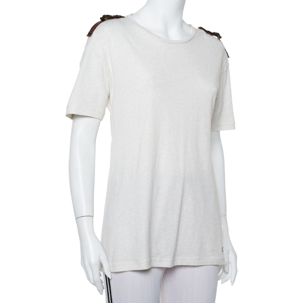 

Burberry Brit Cream Knit Leather Belt Detail Short Sleeve T-Shirt, Gold