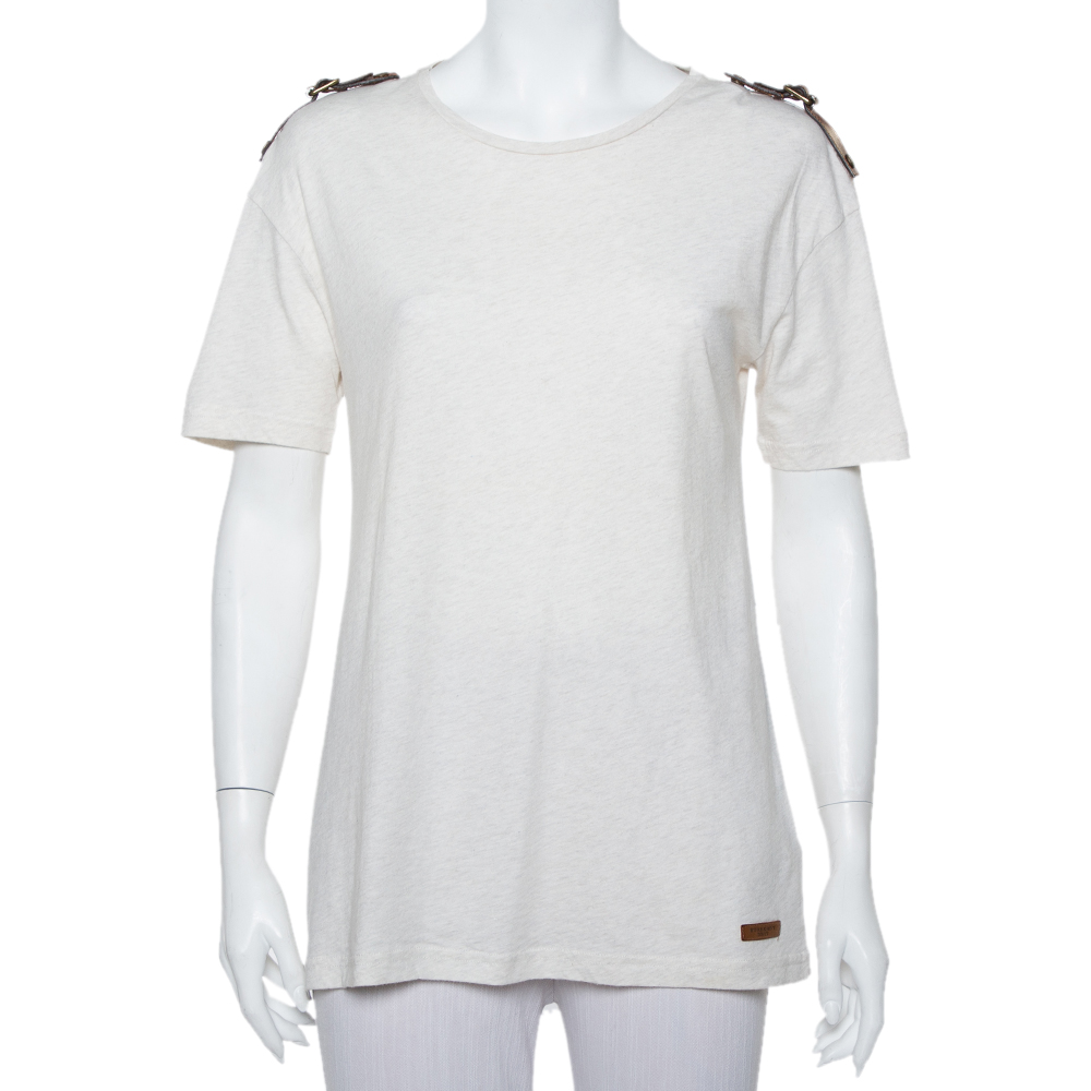 Pre-owned Burberry Brit Cream Knit Leather Belt Detail Short Sleeve T-shirt S In Gold
