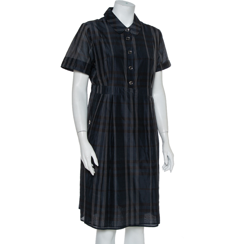 

Burberry Navy Blue Checkered Cotton Silk Midi Dress