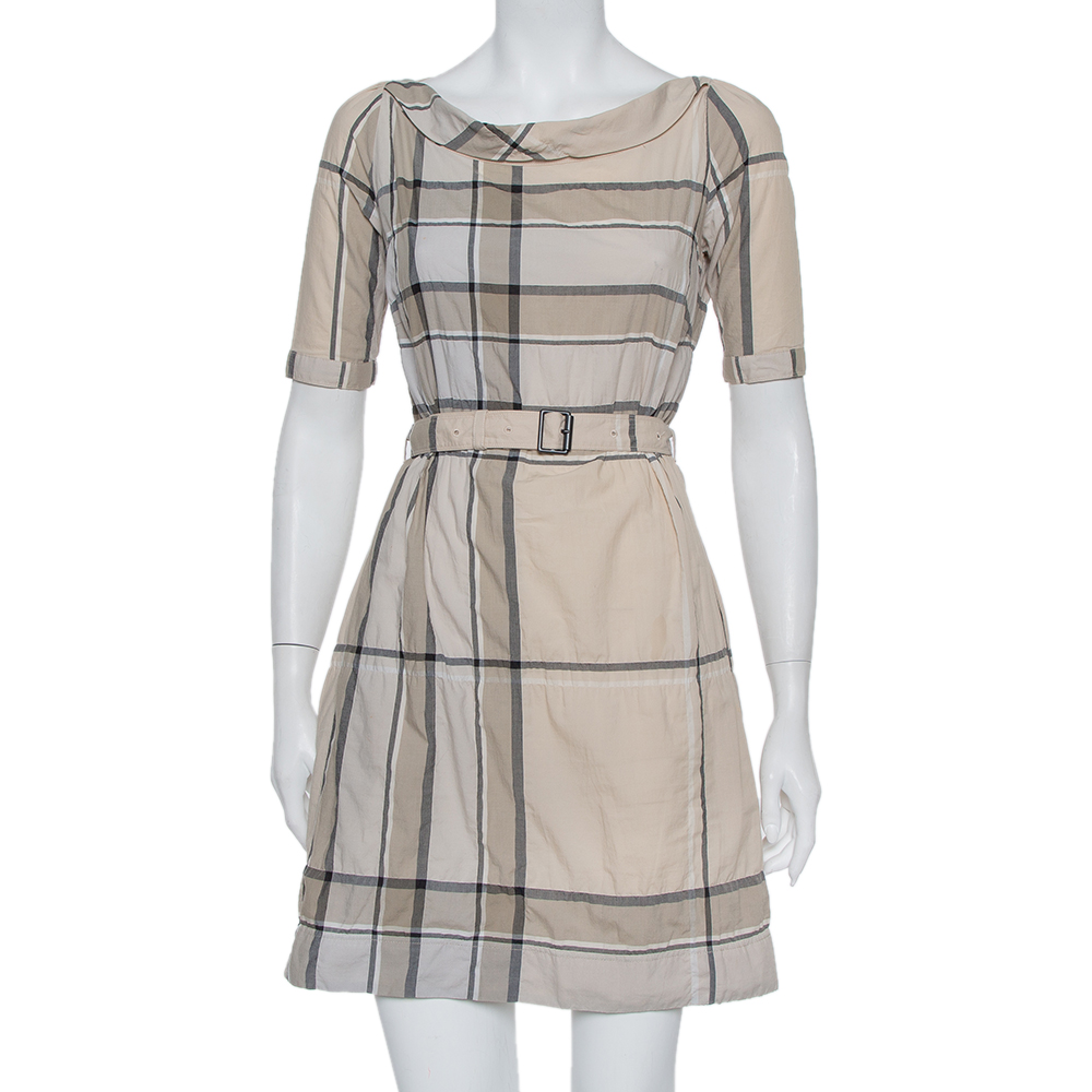 Pre-owned Burberry Brit Beige Checkered Pattern Cotton Belted Mischa Dress Xs