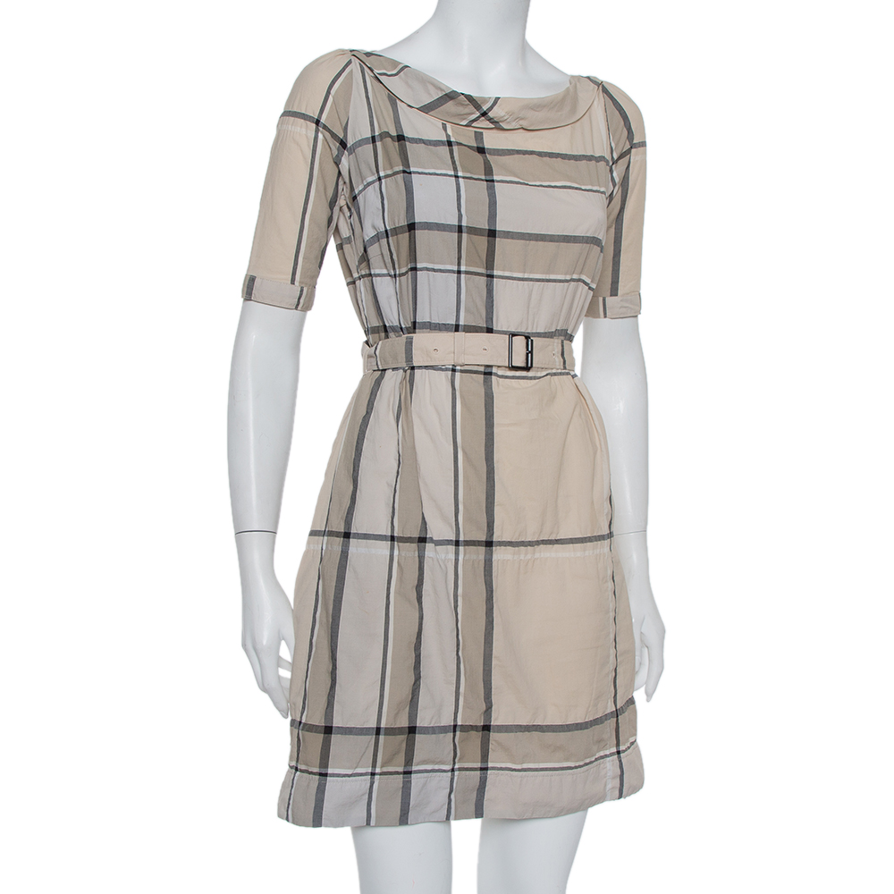 

Burberry Brit Beige Checkered Pattern Cotton Belted Mischa Dress