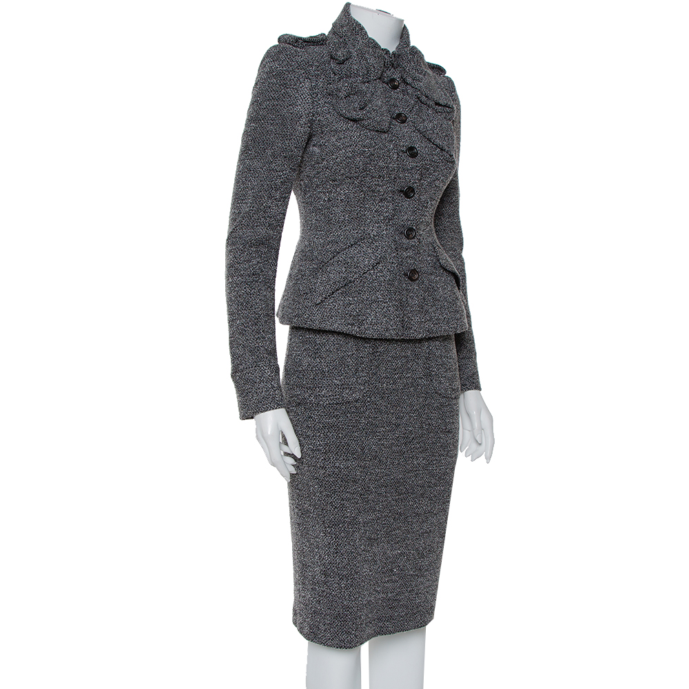 

Burberry Grey Boucle Ruched Collared Blazer & Pencil Skirt Set