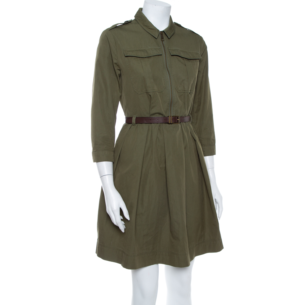 

Burberry Brit Military Green Cotton Belted Flared Mini Dress