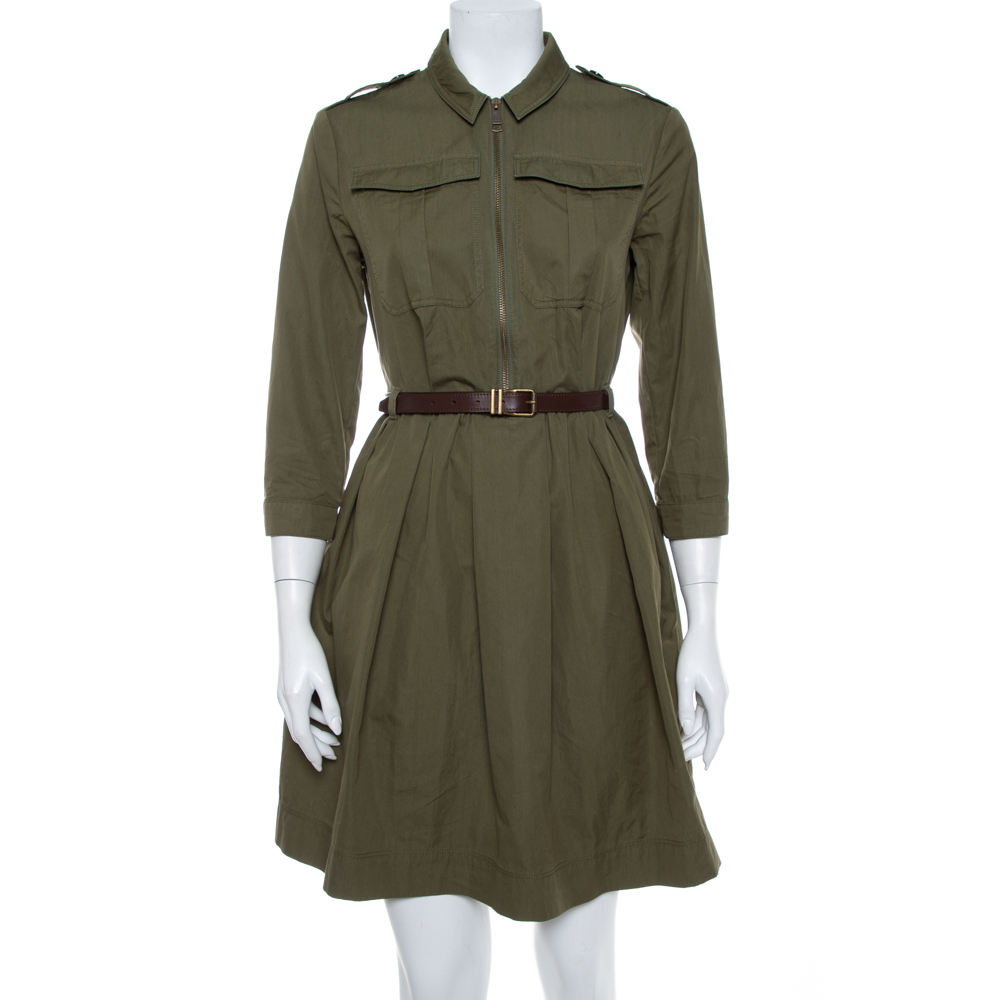 Pre-owned Burberry Brit Military Green Cotton Belted Flared Mini Dress S