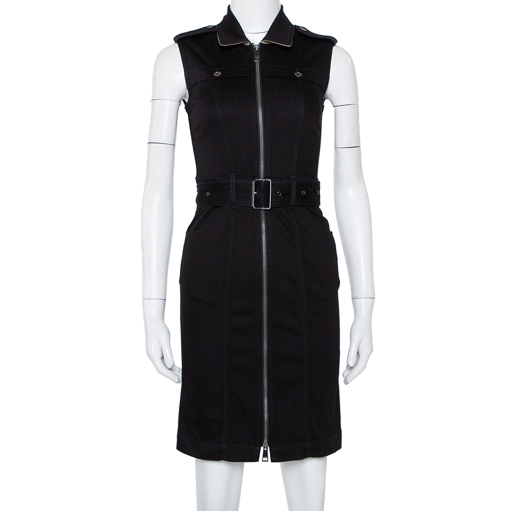 Pre-owned Burberry Black Denim Belted Zipper Front Short Dress S