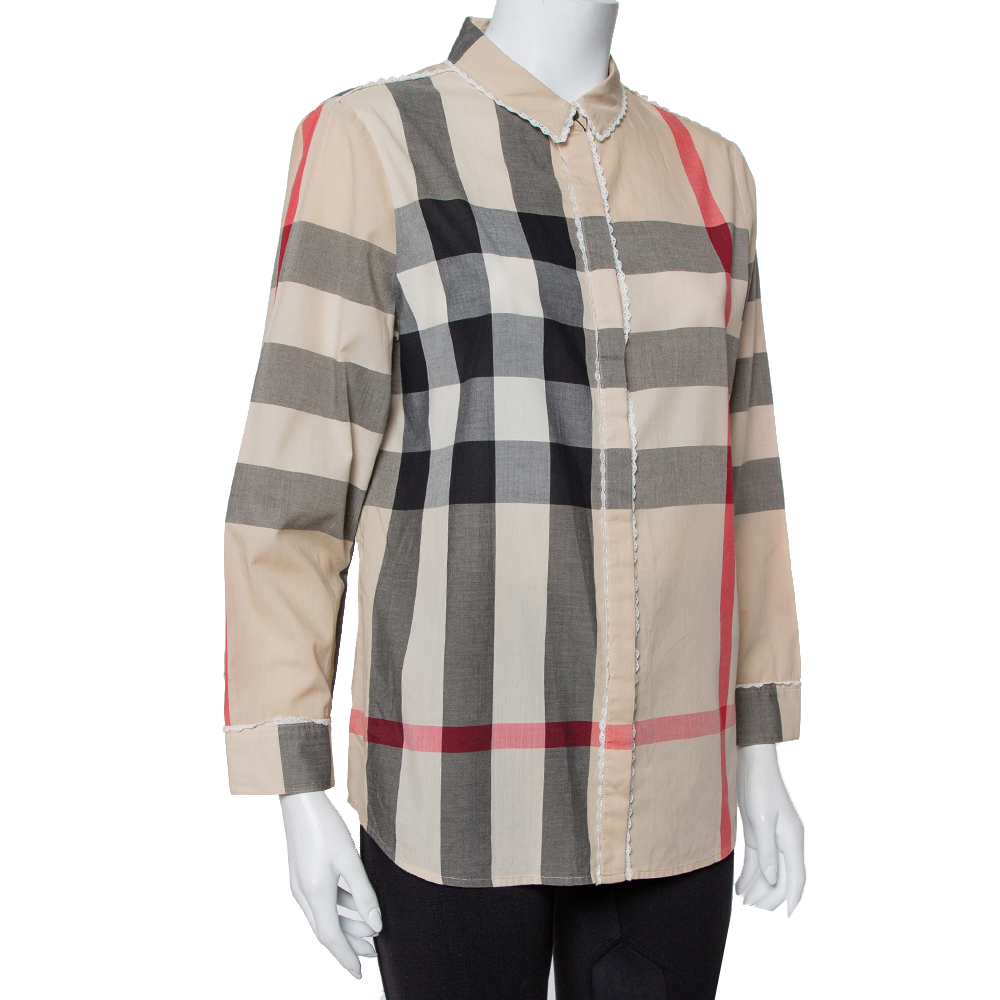 

Burberry Beige Vintage Check Cotton Lace Detail Button Front Shirt