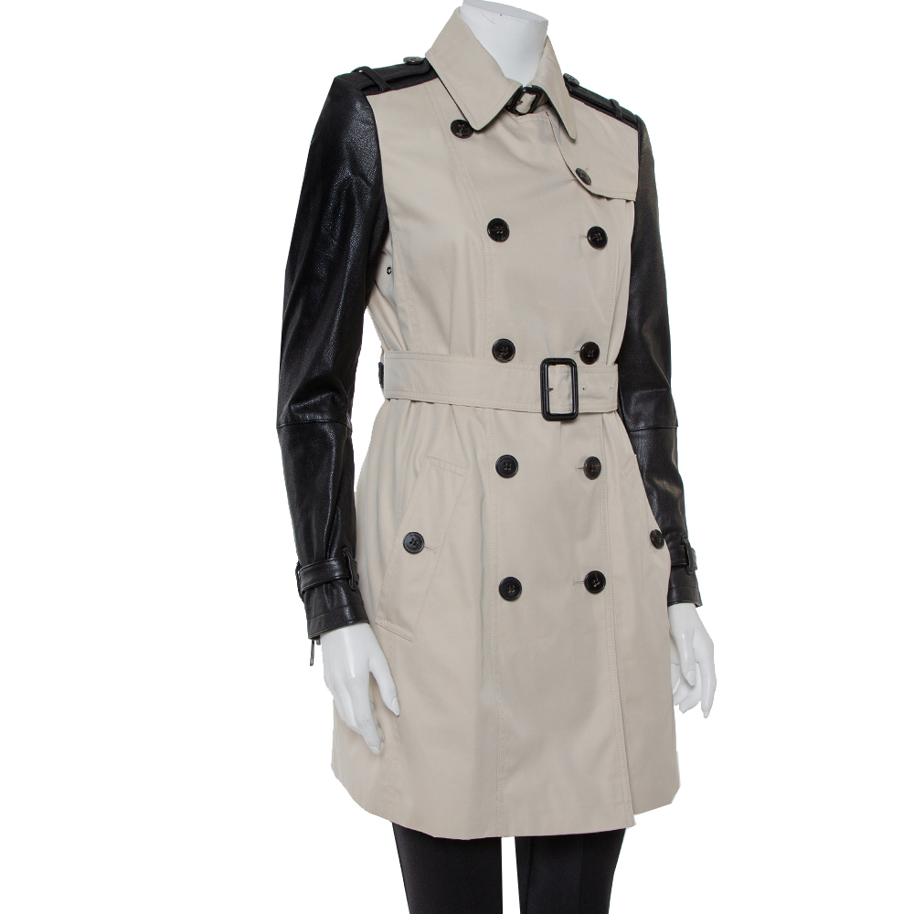 

Burberry Beige Cotton & Leather Double Breasted Trench Coat