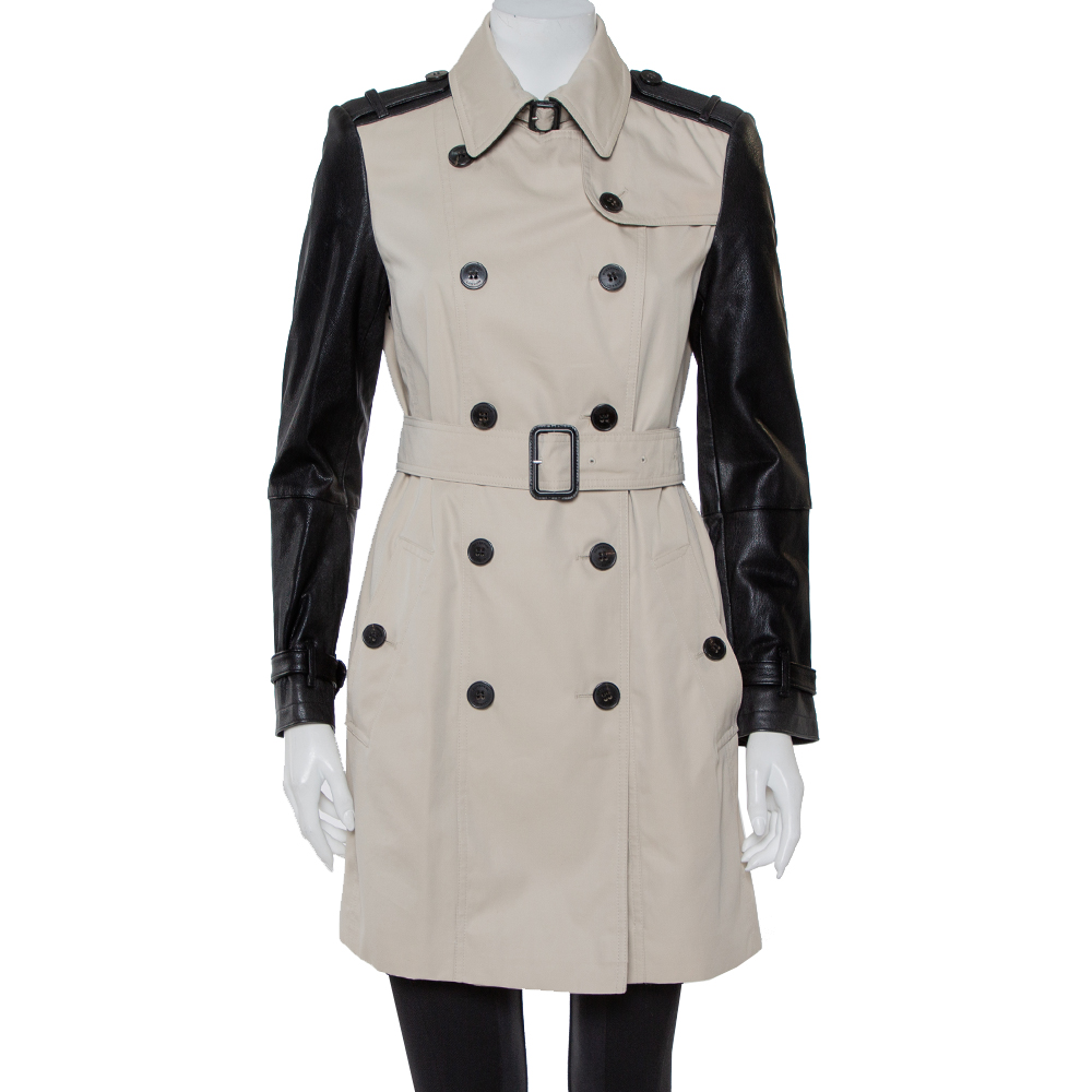 Pre-owned Burberry Beige Cotton & Leather Double Breasted Trench Coat M