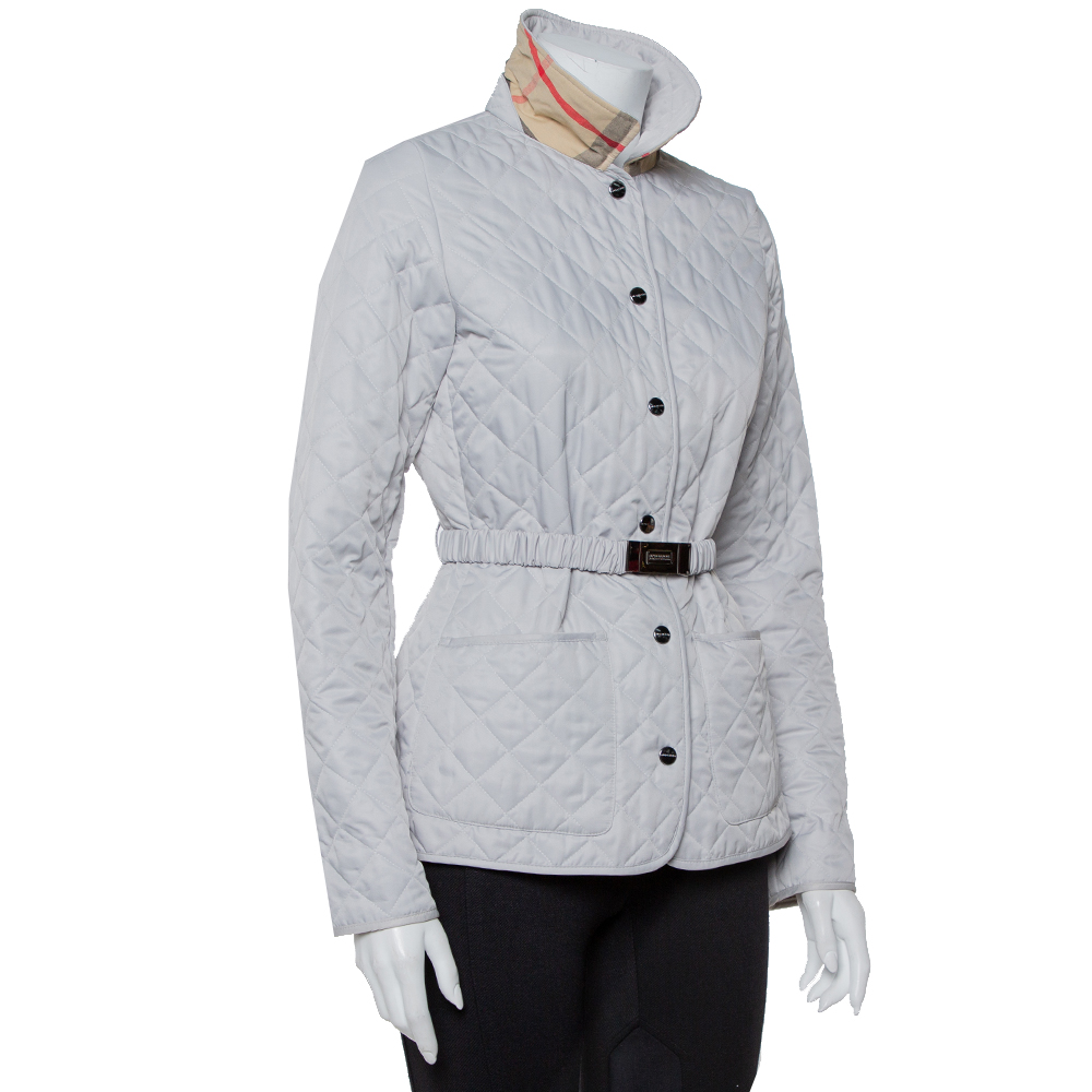 

Burberry Silver Synthetic Quilted Belted Collared Jacket
