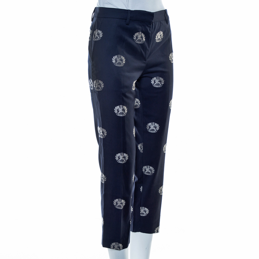 

Burberry Navy Blue Wool Crest Detail Cropped Trousers