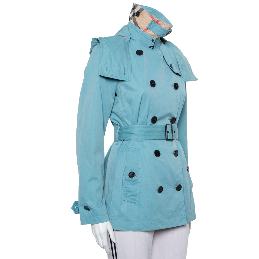 

Burberry Brit Teal Blue Cotton Canvas Double Breasted Hooded Mid Length Coat