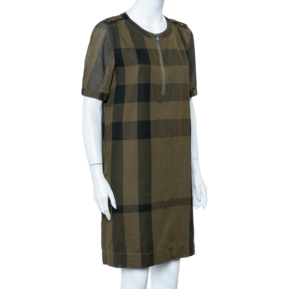 

Burberry Brit Military Green Plaided Cotton Zipper Front Shift Dress