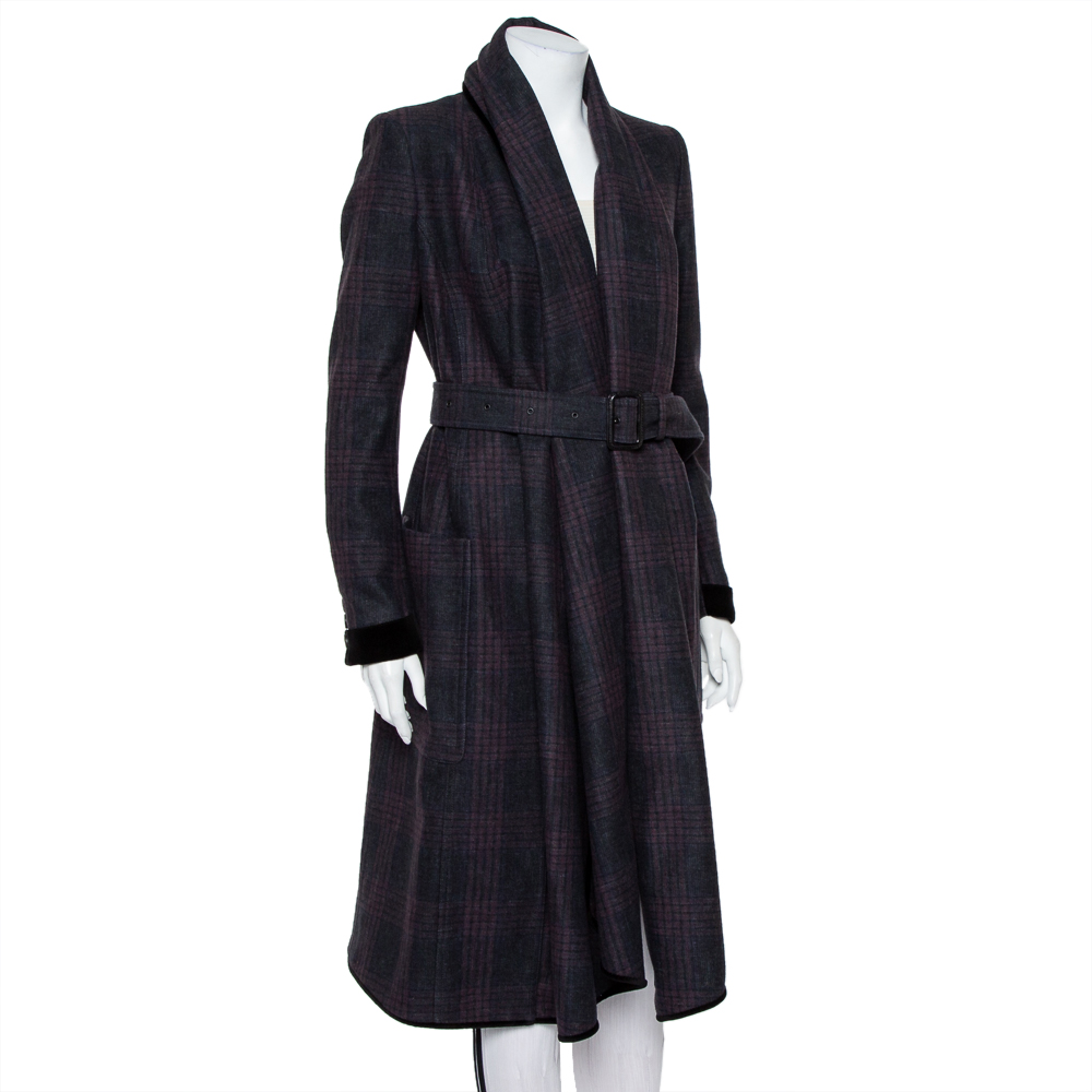 

Burberry Prorsum Charcoal Grey Checkered Wool & Cashmere Waterfall Collar Belted Coat