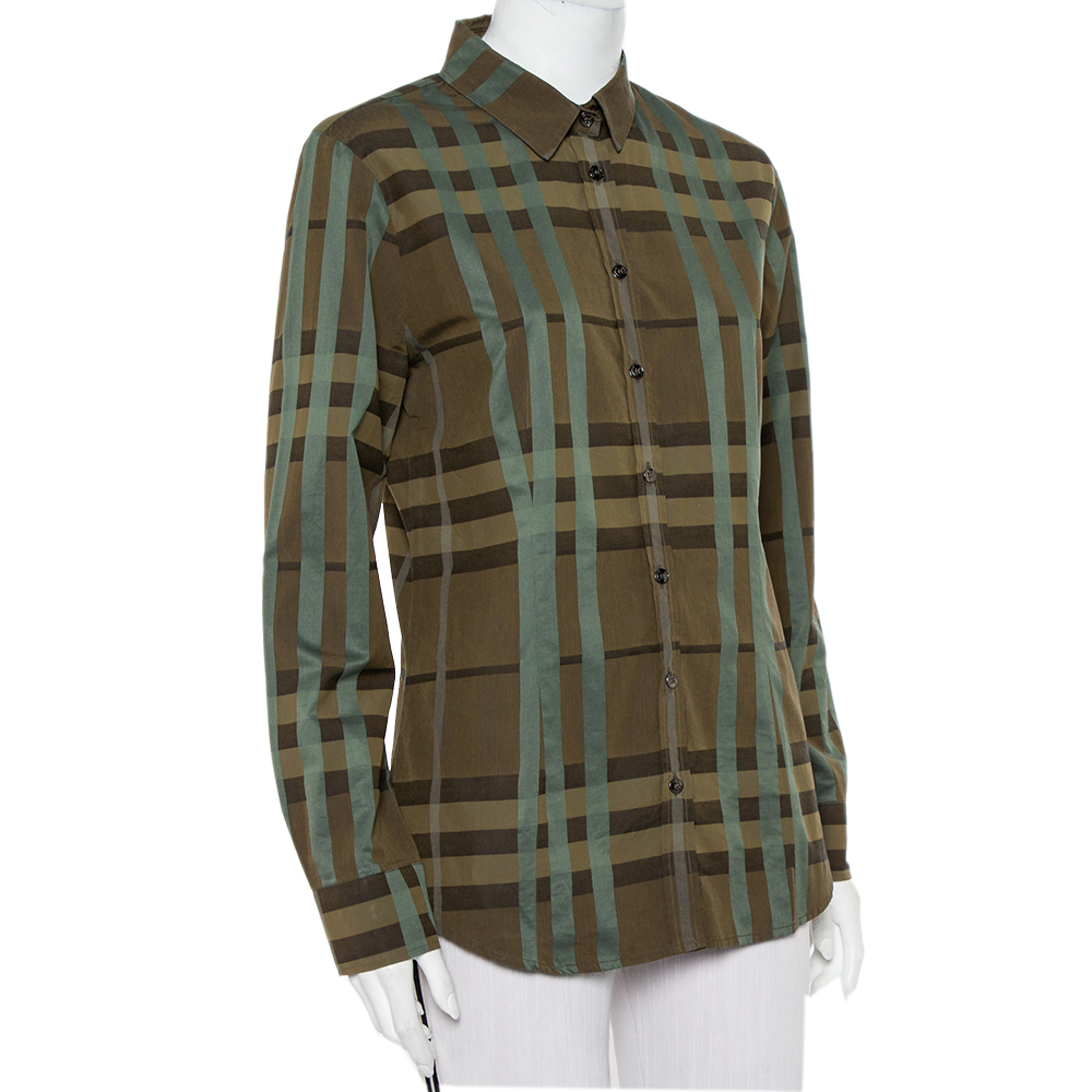 

Burberry Military Green Checkered Cotton Button Front Shirt