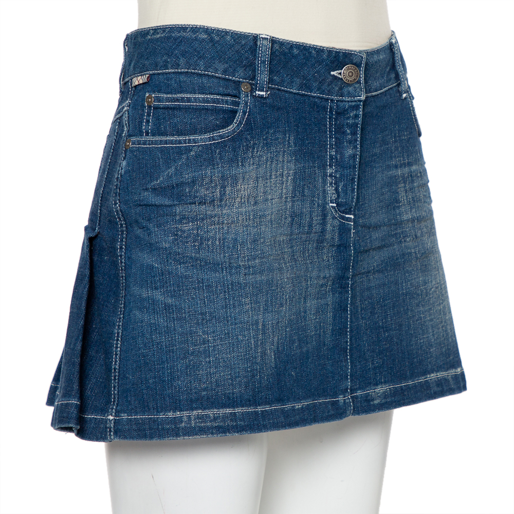

Burberry Navy Blue Denim Pleated Detail Mini Skirt