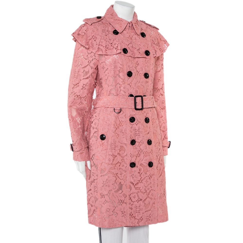 

Burberry Pink Lace Ruffled Double Breasted Stanhill Trench Coat