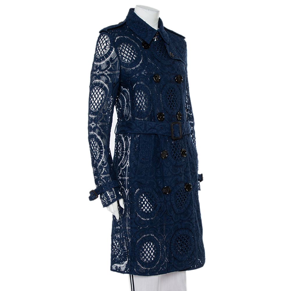 

Burberry Navy Blue Lace Double Breasted Belted Stanhill Trench Coat