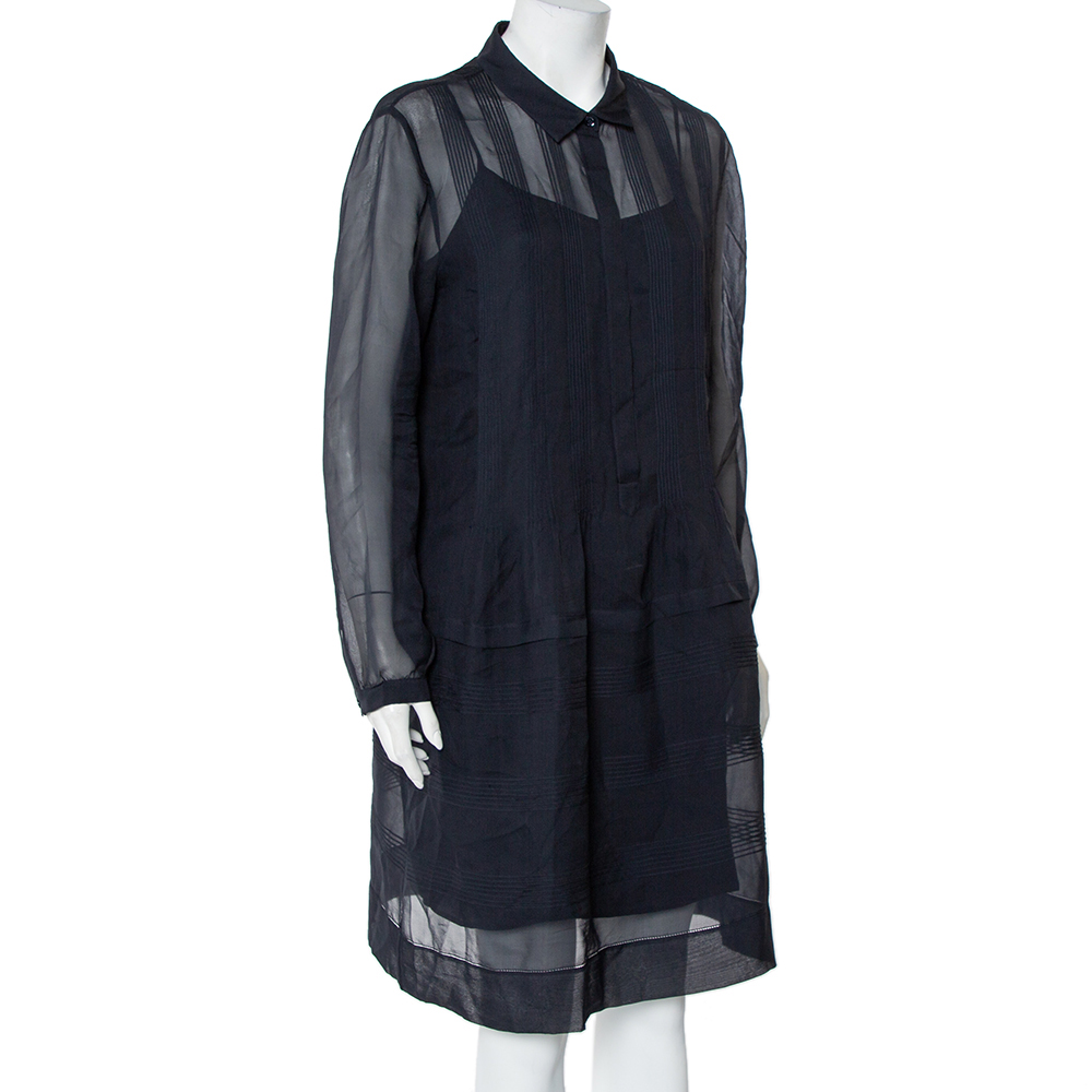 

Burberry Brit Navy Blue Silk Pintuck Detail Button Front Dress