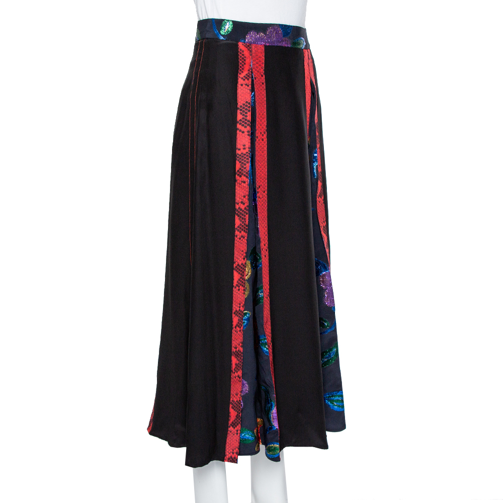 

Burberry Black Silk & Metallic Floral Fil Coupe Paneled Midi Skirt