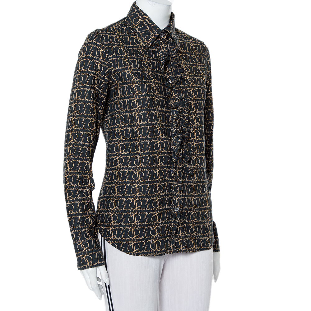 

Burberry Black Logo Printed Cotton Ruffled Neck Detail Button Front Shirt
