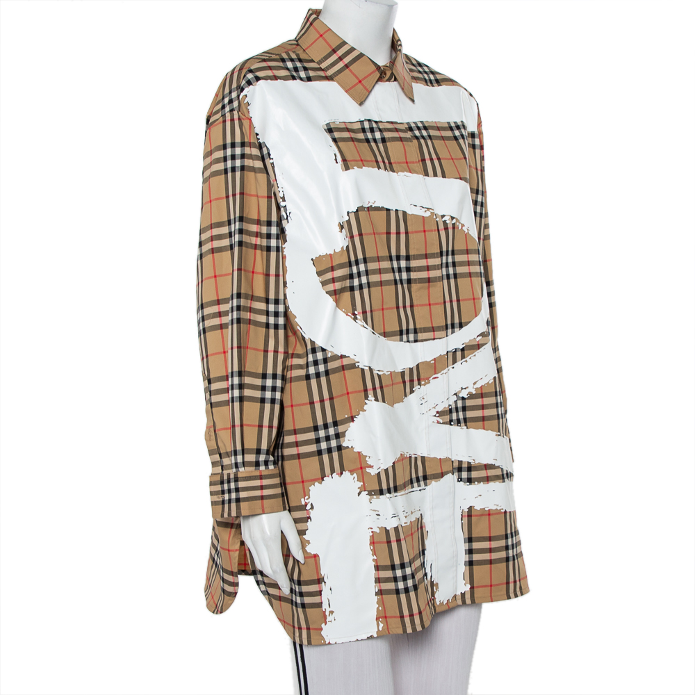 

Burberry Beige Vintage Check Love Printed Cotton Oversized Shirt