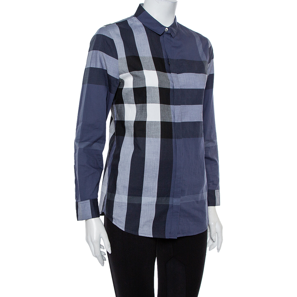 

Burberry Navy Blue Checkered Cotton Button Front Shirt