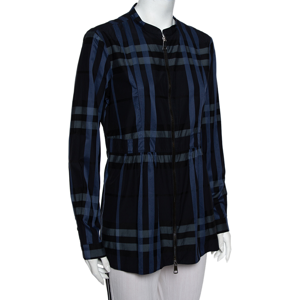 

Burberry Navy Blue Checkered Cotton Zip Front Stand Collar Top