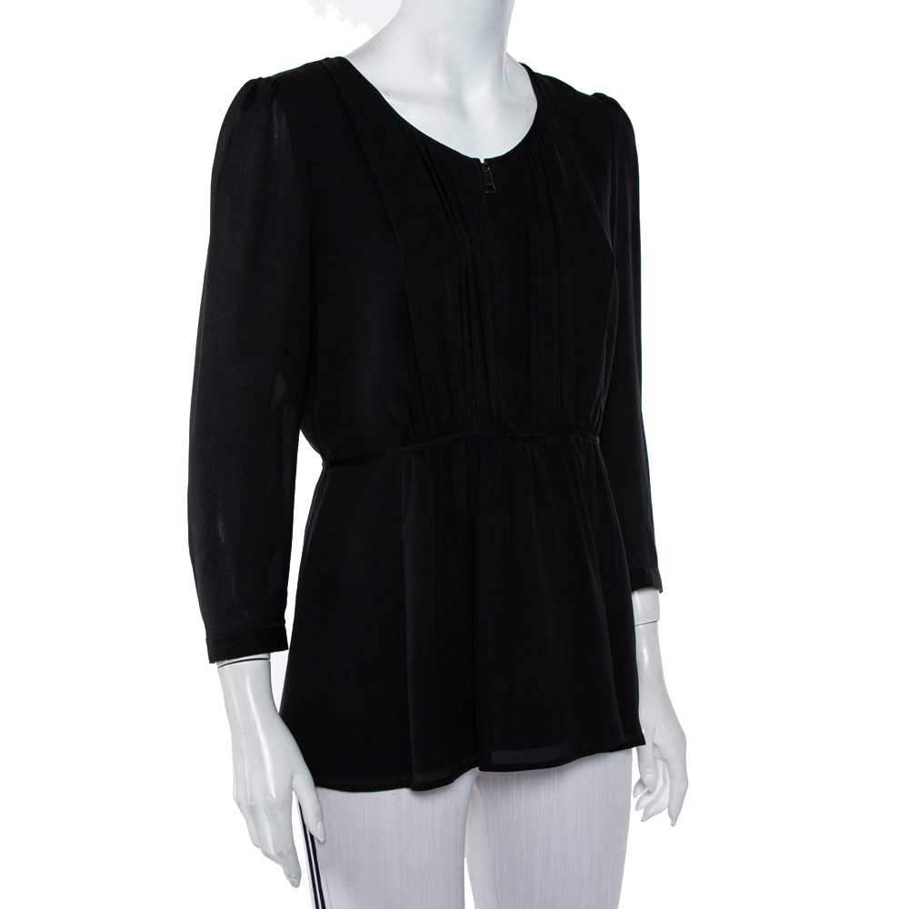 

Burberry Black Silk Gathered Detail Zip Front Top