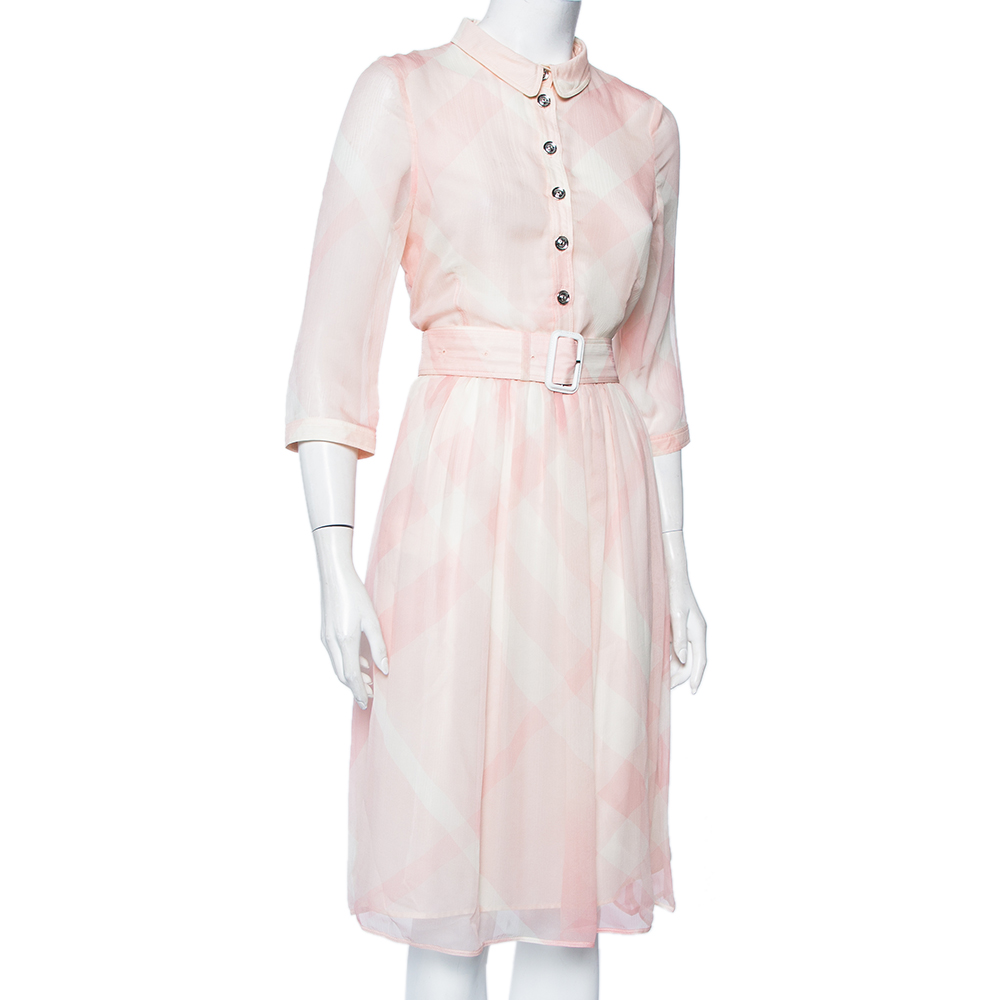 

Burberry Pink Checkered Silk Button Front Belted Dress