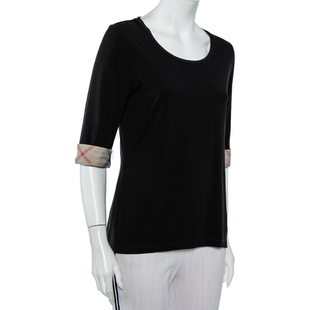 

Burberry Brit Black Cotton Nova Check Trim T-Shirt
